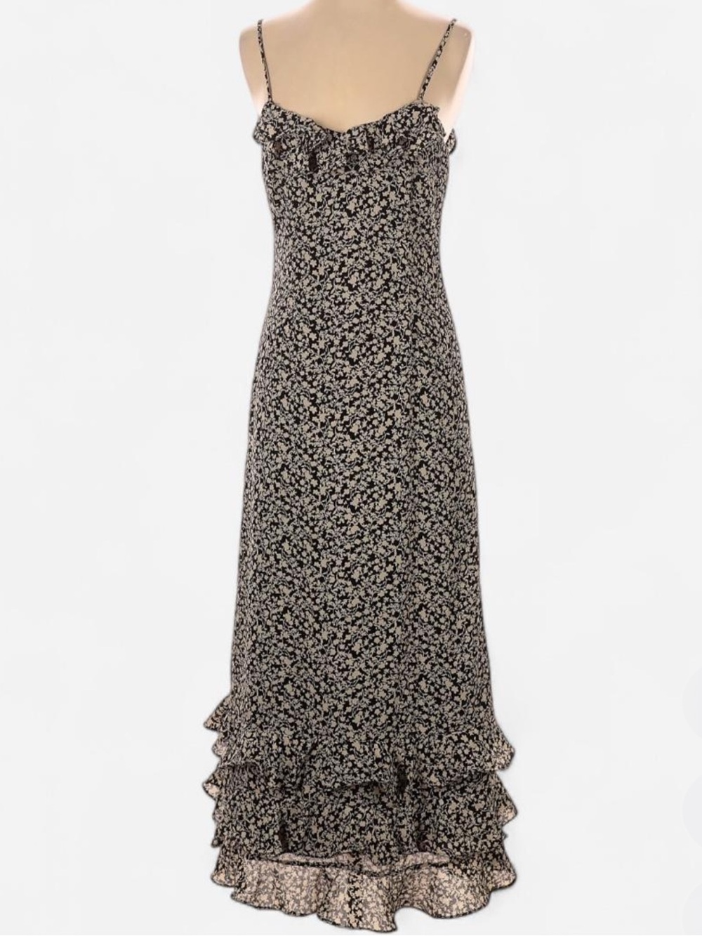 Urban Outfitters Black and Cream Floral Ruffle-Trim Maxi Slip Dress